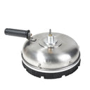 Angled view of a stainless steel 12 inch rotary surface cleaner with a black handle and bottom bristle skirt.