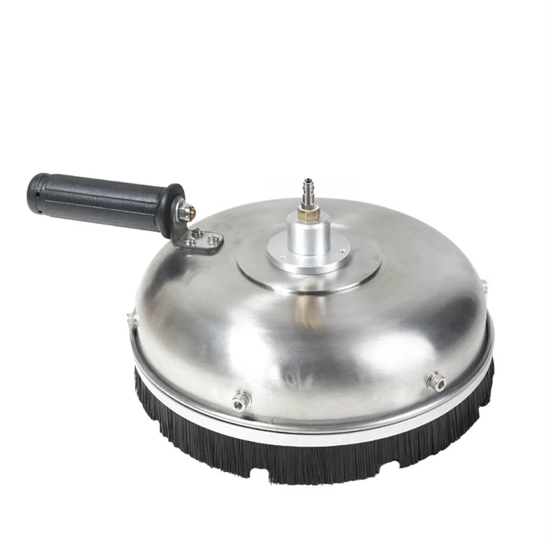 Angled view of a stainless steel 12 inch rotary surface cleaner with a black handle and bottom bristle skirt.