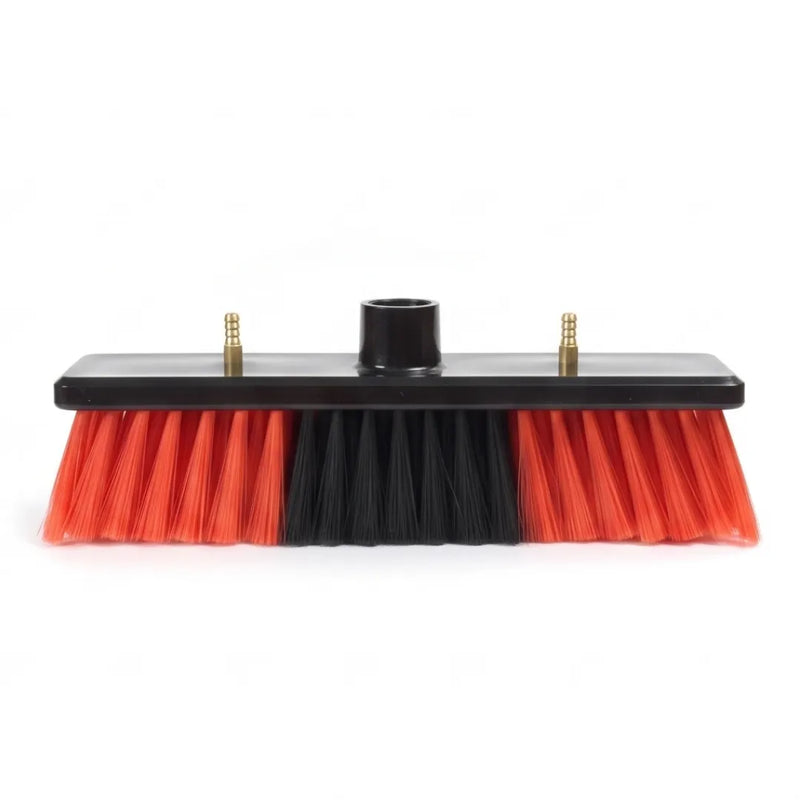12-inch Superlite cleaning brush for solar panels and windows, front view with red and black bristles, center pole socket and brass water jets