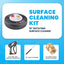 Surface cleaning kit showing a 15-inch rotating cleaner, trigger gun, lance extension, and coupling.