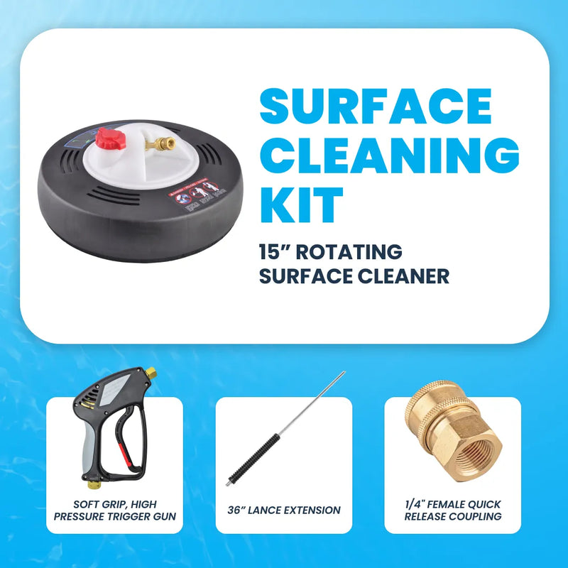 Surface cleaning kit showing a 15-inch rotating cleaner, trigger gun, lance extension, and coupling.