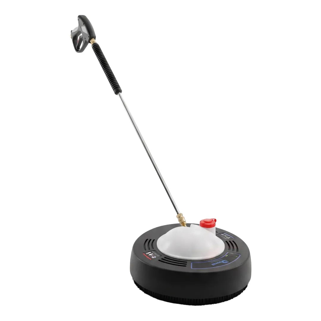 Rotating surface cleaner kit with trigger gun and lance extension, black circular cleaning head with white detergent reservoir