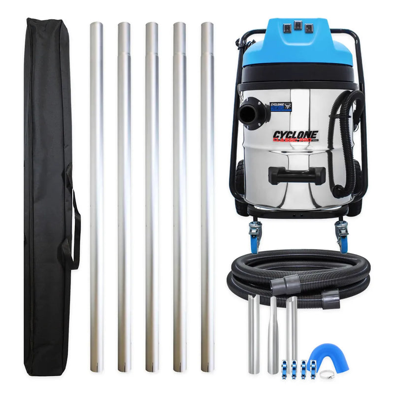 Cyclone Classic Pro 16 gallon commercial gutter vacuum kit with five aluminum poles, carry bag, hose, nozzles, U-bend and clamps