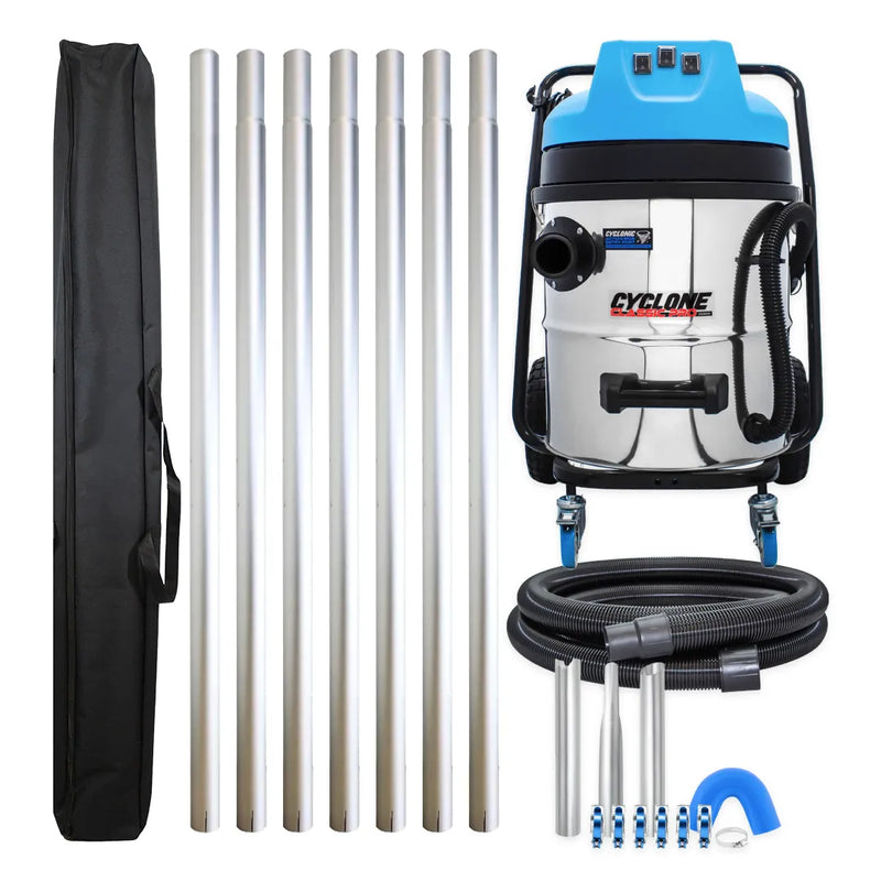 Cyclone Classic Pro 16 gallon commercial gutter vacuum kit with seven aluminum poles, carry bag, hose, nozzles, U-bend and clamps