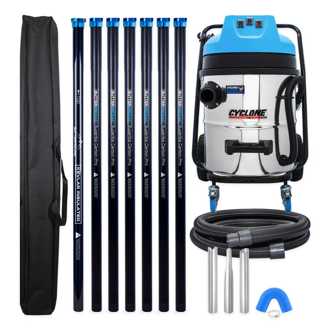 Cyclone Classic Pro 16 gallon commercial gutter vacuum kit with seven carbon poles, one Kevlar® insulated bottom pole, bag, hose, nozzles and U-bend