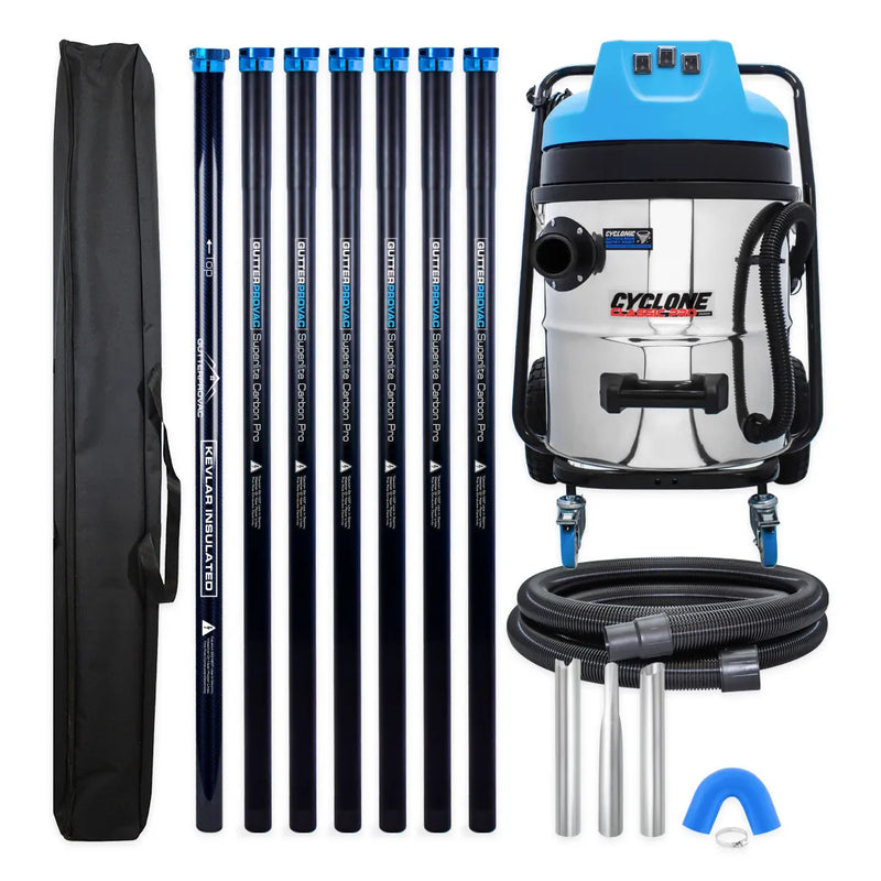 Cyclone Classic Pro 16 gallon commercial gutter vacuum kit with seven carbon poles, one Kevlar® insulated bottom pole, bag, hose, nozzles and U-bend