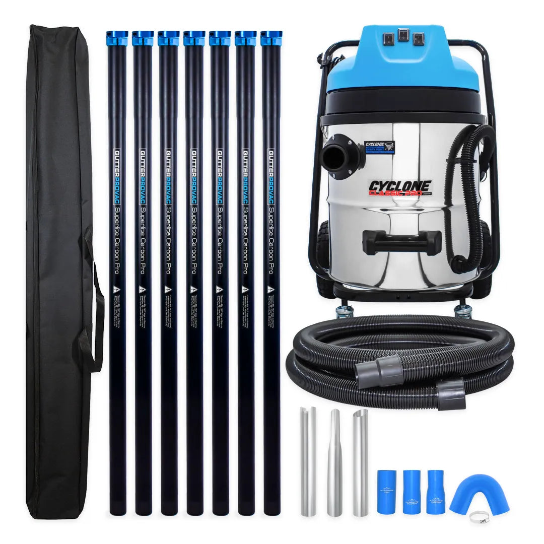Cyclone Classic Pro 16 Gallon 3600W Commercial Gutter Vacuum System with 28ft Carbon Clamping Poles Kit and Pole Carry Bag