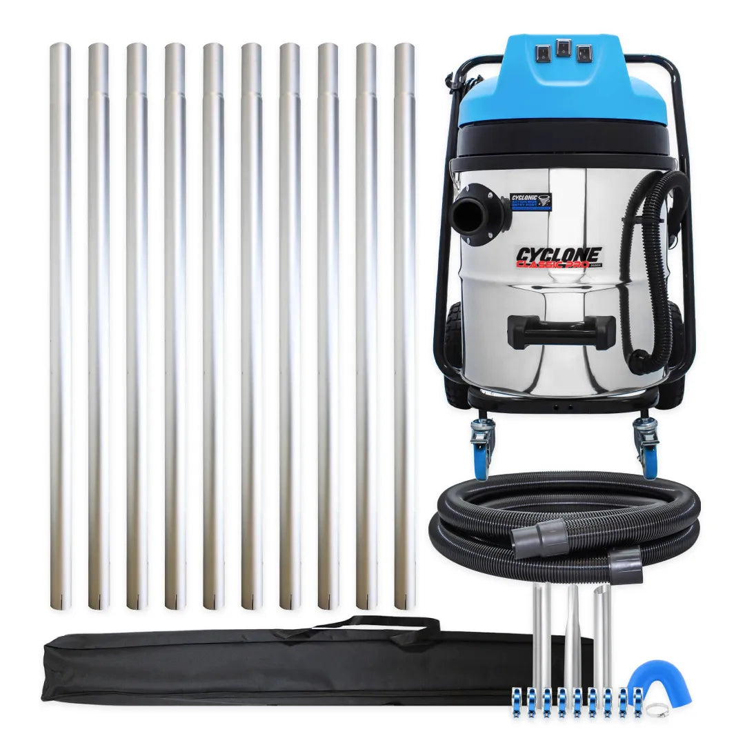 Cyclone Classic Pro 16 gallon commercial gutter vacuum kit with ten aluminum poles, carry bag, hose, nozzles, U-bend and clamps