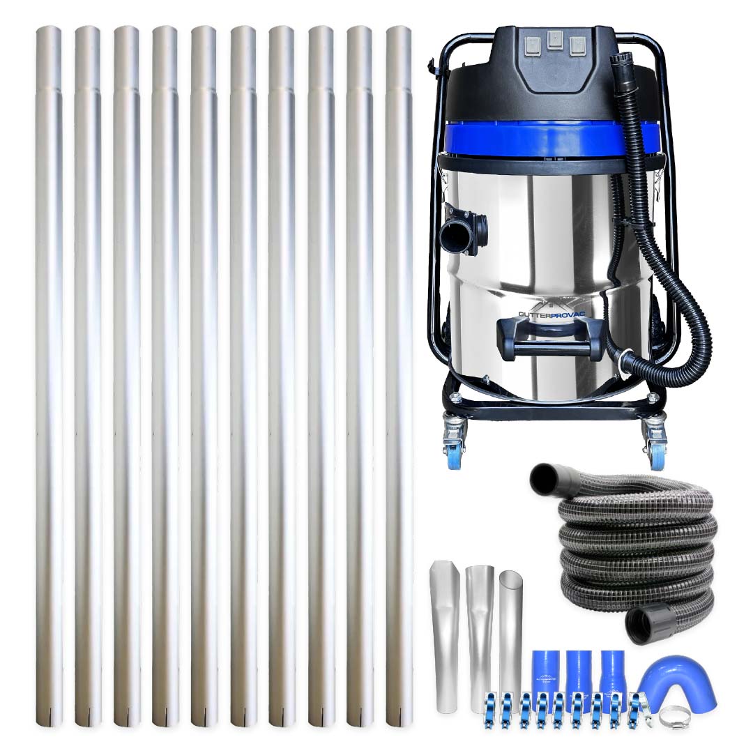 40ft (2 Story) Gutter Vacuum Cleaning System, 16 Gallon Classic Cyclone 3600 Watt, 3 Motor Vacuum (Bundle Discount) with 25ft Hose