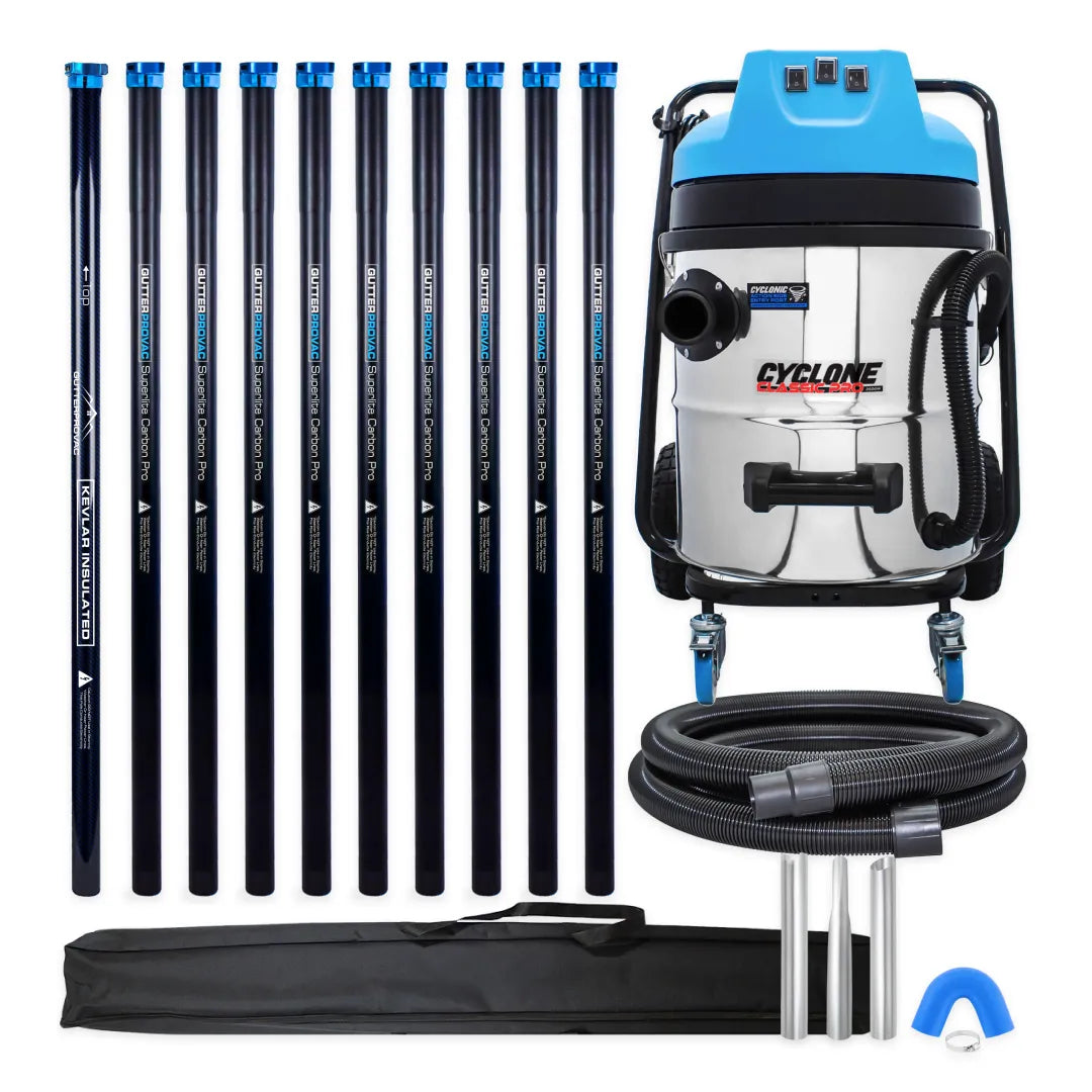 Cyclone Classic Pro 16 gallon commercial gutter vacuum kit with ten carbon poles, one Kevlar® insulated bottom pole, bag, hose, nozzles and U-bend