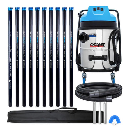 Cyclone Classic Pro 16 gallon commercial gutter vacuum kit with ten carbon poles, one Kevlar® insulated bottom pole, bag, hose, nozzles and U-bend
