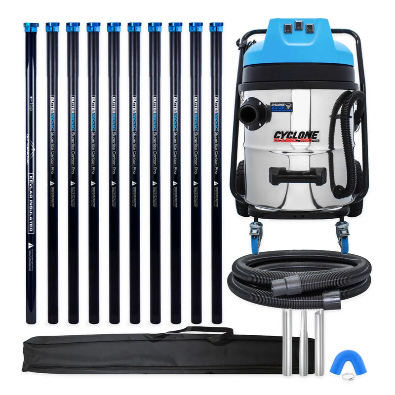 Cyclone Classic Pro 16 gallon commercial gutter vacuum kit with ten carbon poles, one Kevlar® insulated bottom pole, bag, hose, nozzles and U-bend