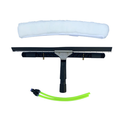 Components of Nozzle Scrubber & Squeegee - detachable fleece pad, T-bar with squeegee and green short hose with Y-connector.