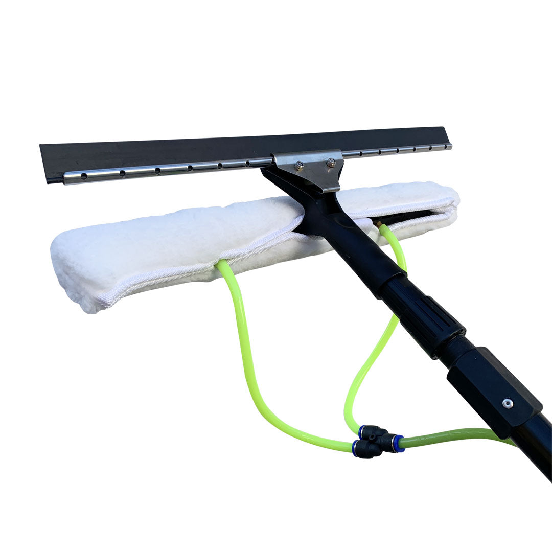 Side view of a fully assembled Nozzle Scrubber and Squeegee attached to a Water Fed Pole.