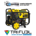 Champion 6500W tri fuel generator, yellow and black wheeled unit with CO Shield® badge and tri fuel logo