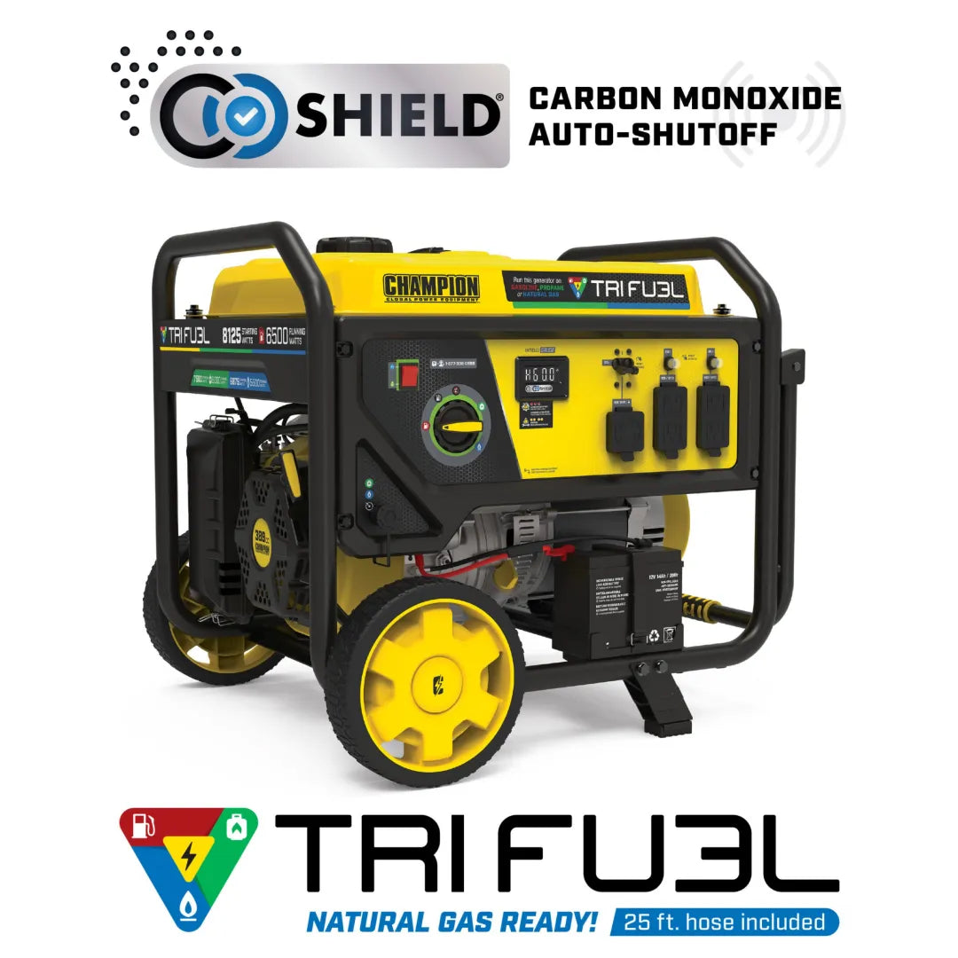 Champion 6500W tri fuel generator, yellow and black wheeled unit with CO Shield® badge and tri fuel logo