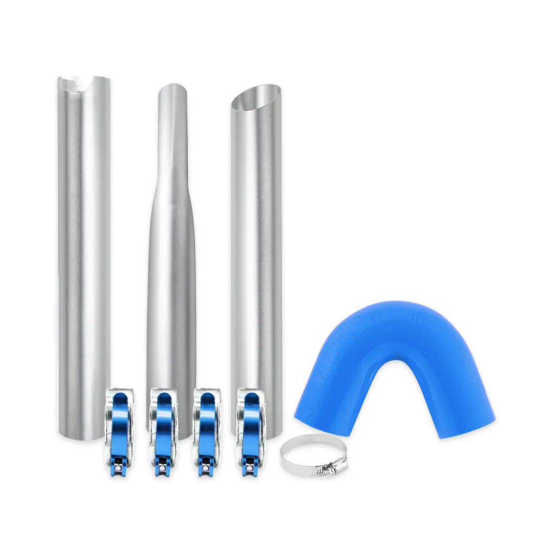 Aluminum gutter vacuum nozzle and U-bend kit with three nozzles, an adapter hose clamp and blue pole clamps for a 20 foot pole set