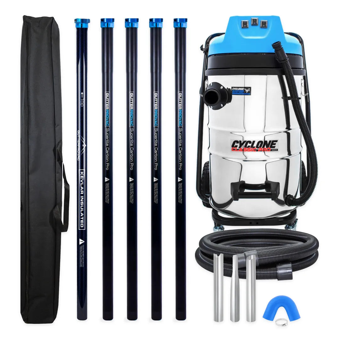 Cyclone Classic Pro 20 gallon commercial gutter vacuum kit with five carbon poles, one Kevlar® insulated bottom pole, bag, hose, nozzles and U-bend