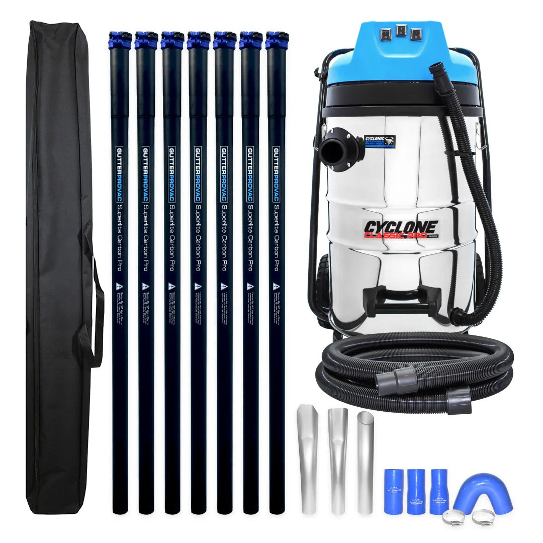 20 Gallon Classic Cyclone Gutter Vacuum with 28 Foot Carbon Clamping Poles, 15 Foot Hose and Bag Kit