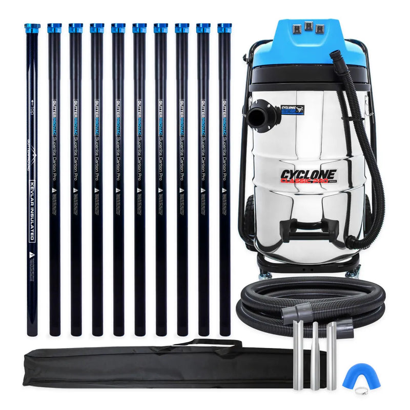 Cyclone Classic Pro 20 gallon commercial gutter vacuum kit with ten carbon poles, one Kevlar® insulated bottom pole, bag, hose, nozzles and U-bend