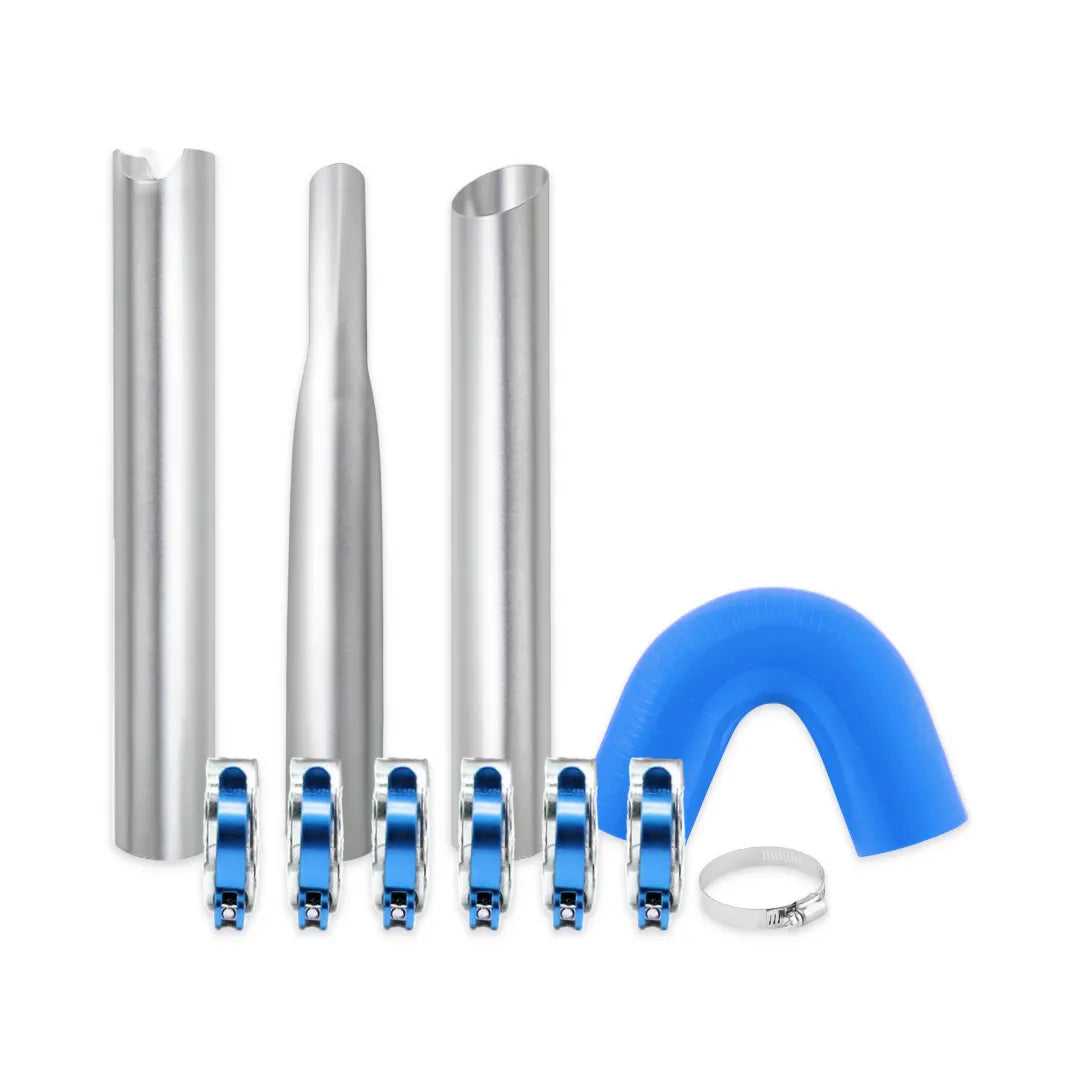 Aluminum gutter vacuum nozzle and U-bend kit with three nozzles, an adapter clamp and blue pole clamps for a 28 foot pole set