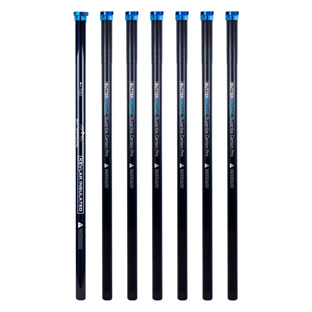 Seven vertical black poles from the 28ft Kevlar insulated base and carbon pole kits with blue top clamps.