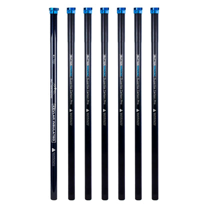 Seven vertical black poles from the 28ft Kevlar insulated base and carbon pole kits with blue top clamps.