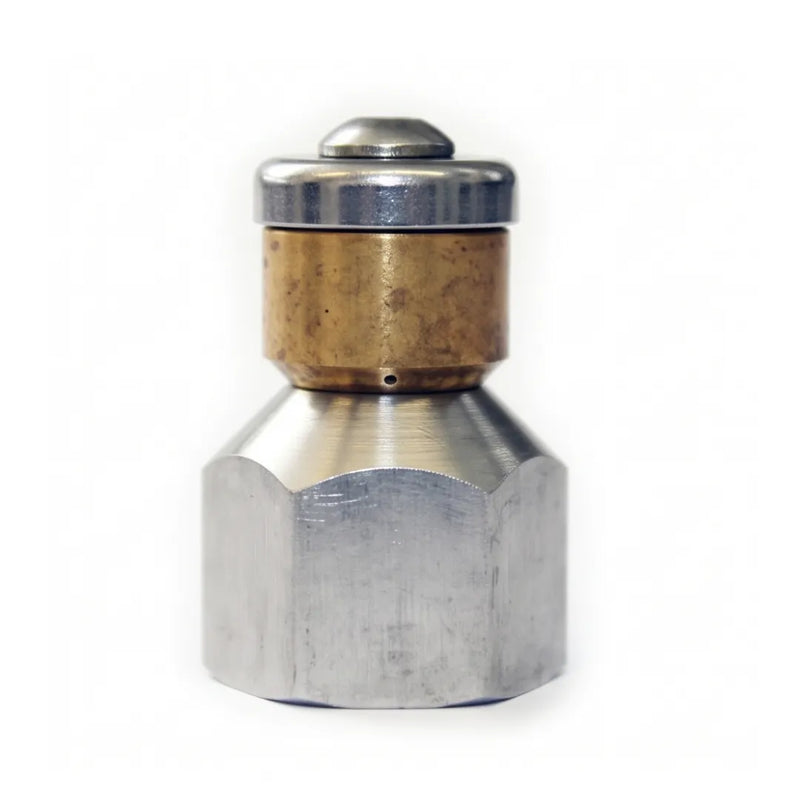 Spinning Sewer Line Nozzle - 3/8" NPT Connection, up to 4000 PSI, 045 Orifice, front view showing silver hex base, brass spinner and round cap