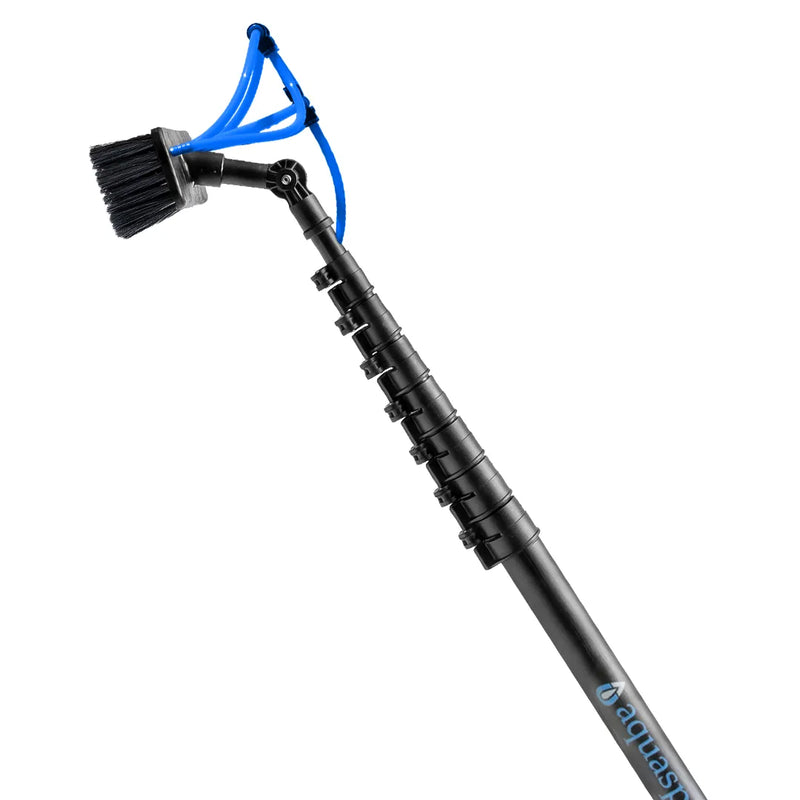 AquaSpray carbon fiber telescoping water fed pole with angled 10in dual trim nylon brush head and blue water hose