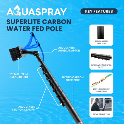 AquaSpray Superlite carbon fiber water fed pole features adjustable angle adaptor, section clamps and 30 foot reach