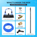 AquaSpray water fed pole kit contents including 10in nylon brush, carbon fiber pole, 35ft PVC hose, brass valve and gooseneck