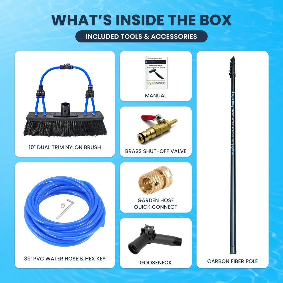AquaSpray water fed pole kit contents including 10in nylon brush, carbon fiber pole, 35ft PVC hose, brass valve and gooseneck