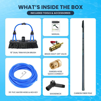 AquaSpray water fed pole kit contents including 10in nylon brush, carbon fiber pole, 35ft PVC hose, brass valve and gooseneck