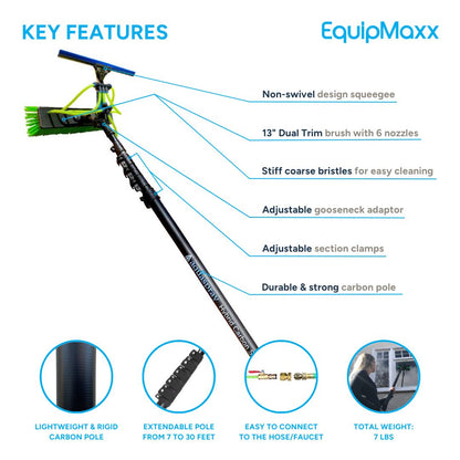 Key features infographic of the 30ft Carbon Waterfed Pole with Squeegee.