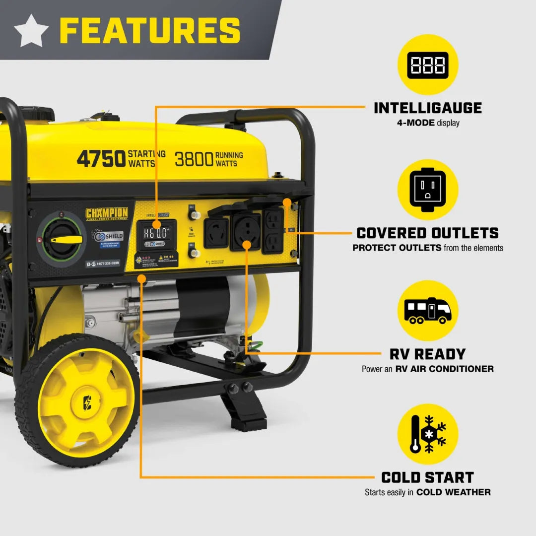 Champion 3800W RV generator features graphic showing the Intelligauge, covered outlets, RV ready and cold start