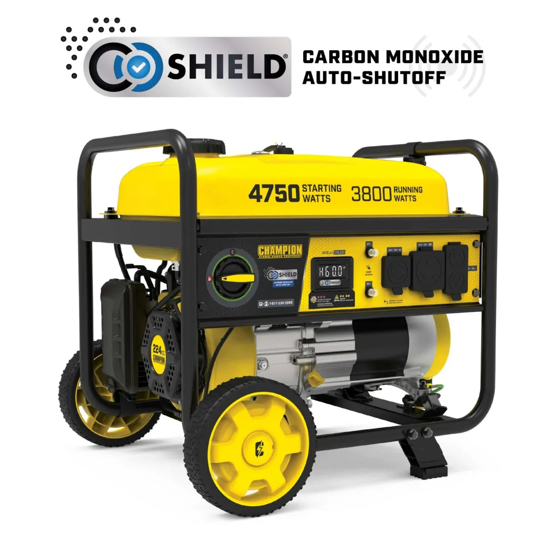 Champion 3800W RV generator, yellow and black wheeled unit with CO Shield® badge and 4750 starting watts