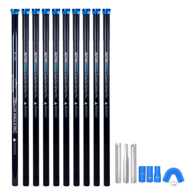 40ft carbon fiber clamping gutter pole kit, ten poles with one Kevlar® insulated bottom pole, aluminum nozzles and blue silicone couplers