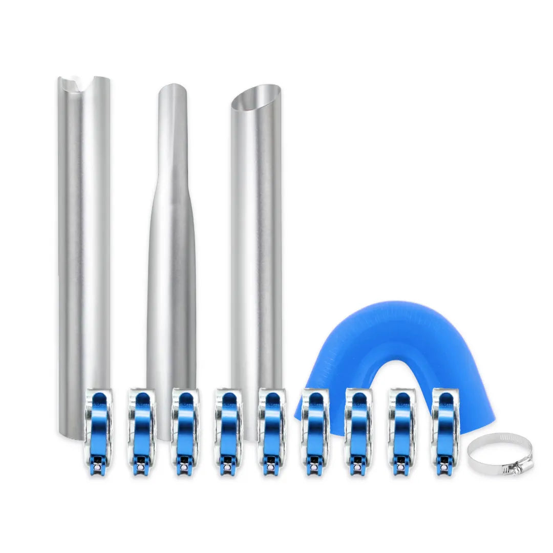 Aluminum gutter vacuum nozzle and U-bend kit with three nozzles, an adapter hose clamp and blue pole clamps for a 40 foot pole set