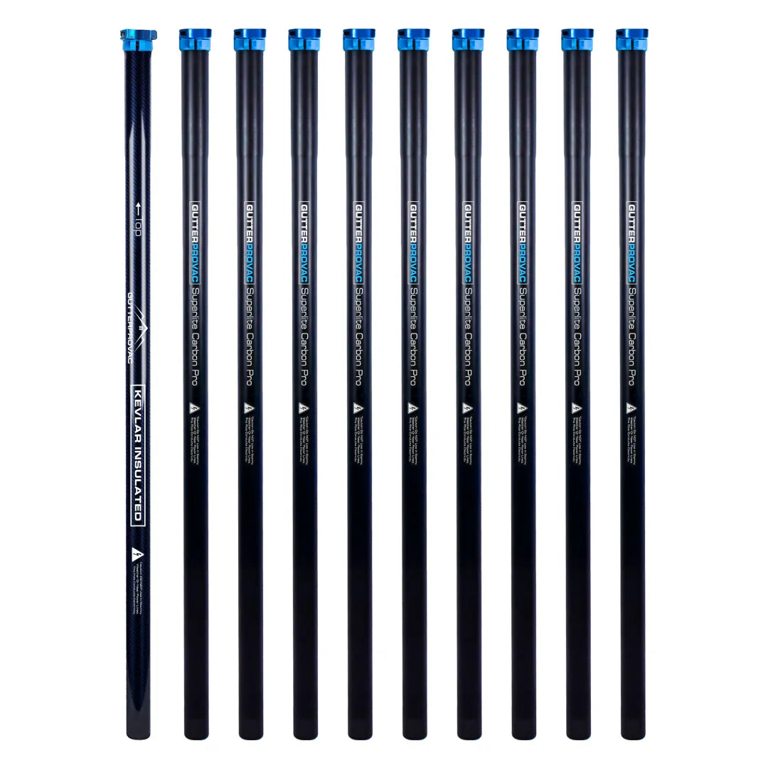 Ten vertical black poles from the 40ft Kevlar insulated base and carbon pole kits with blue top clamps.