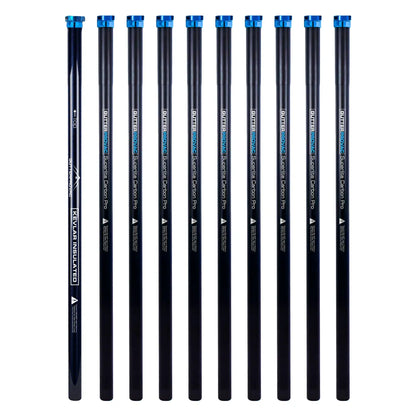 Ten vertical black poles from the 40ft Kevlar insulated base and carbon pole kits with blue top clamps.