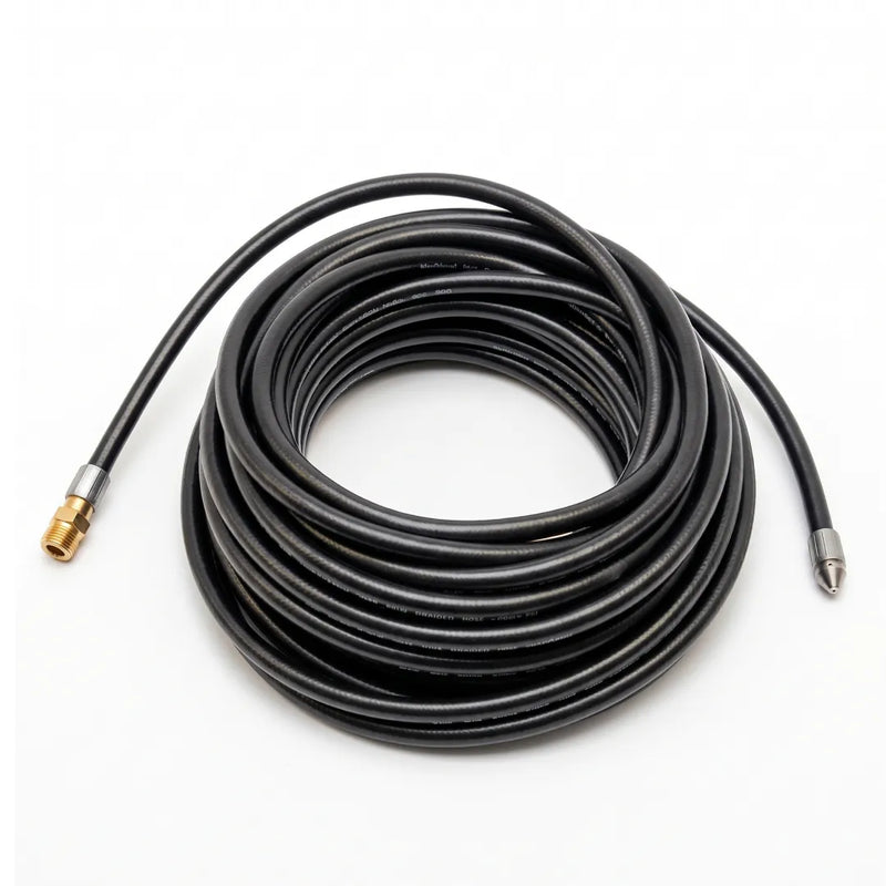 50 ft Drain & Sewer Downspout Hose - 1/4" NPT, 2300 PSI, Retrojet Nozzle, coiled black hose with brass connector and silver nozzle ends