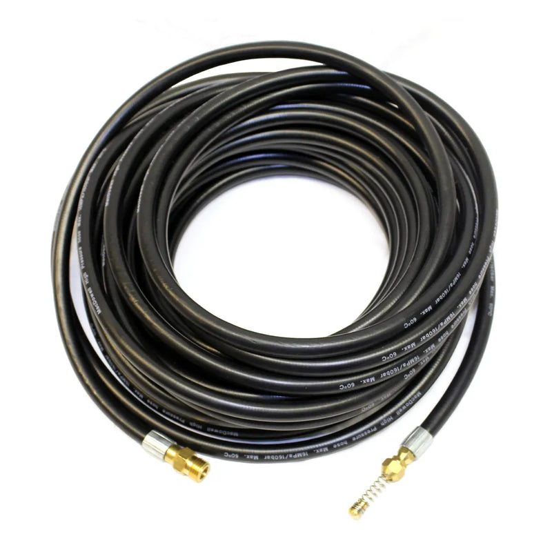 50 ft Flexible Drain & Downspout Jetter Hose - 1/4" NPT, 2300 PSI, Wiggle Nozzle, coiled black hose with brass connector and spring-wrapped nozzle ends