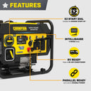 Champion 5500W RV ready open frame inverter generator features graphic showing EZ start, Intelligauge, RV ready and parallel ready