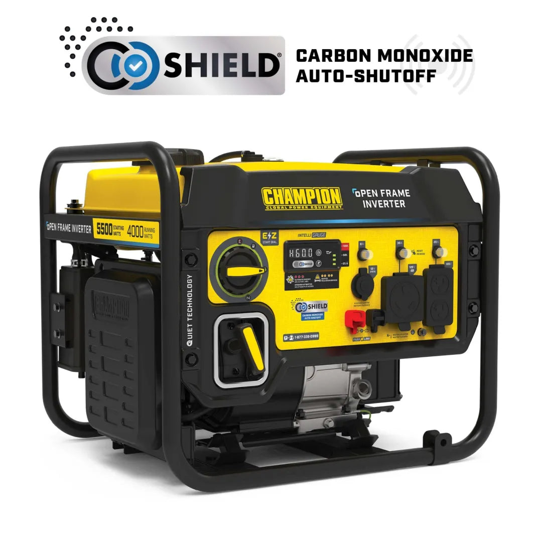 Champion 5500W RV ready open frame inverter generator, yellow and black unit with CO Shield® badge and 4000 running watts