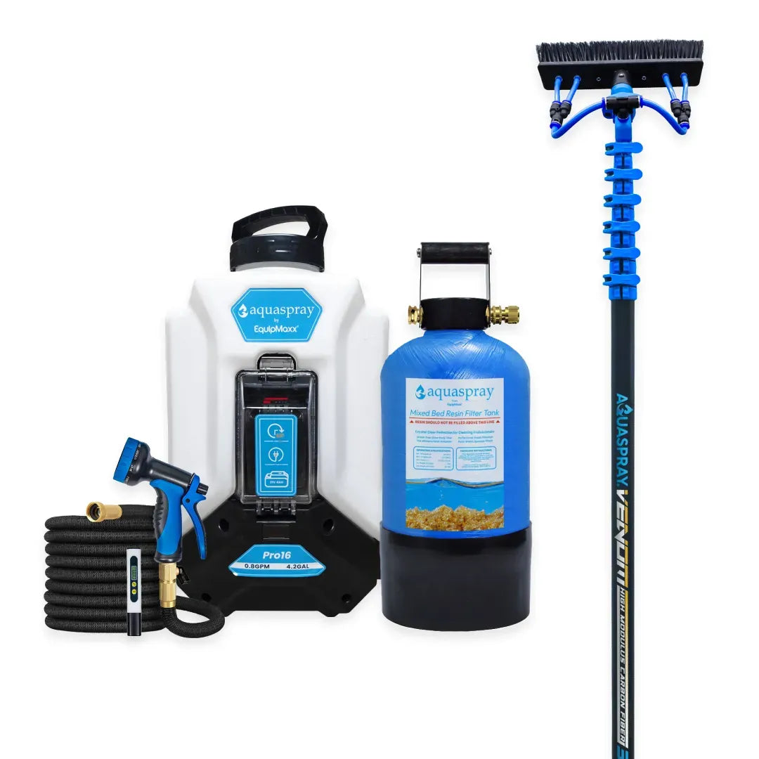 AquaSpray Pro16 4.2 Gallon Backpack Water Tank, 3 Gallon Resin Tank and Venom Water Fed Pole for Window and Solar Panel Cleaning