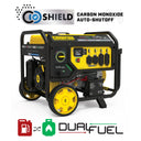Champion 7500W portable dual fuel generator, yellow and black wheeled unit with CO Shield® badge and dual fuel logo