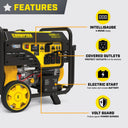 Champion 9200W portable generator features graphic showing the Intelligauge, covered outlets, electric start and Volt Guard