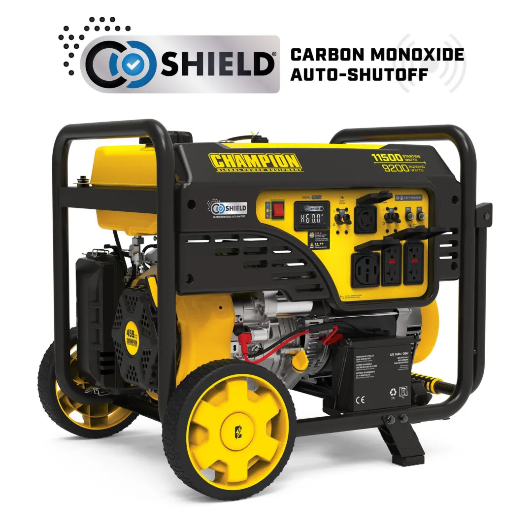 Champion 9200W portable generator, yellow and black wheeled unit with CO Shield® badge and 11500 starting watts