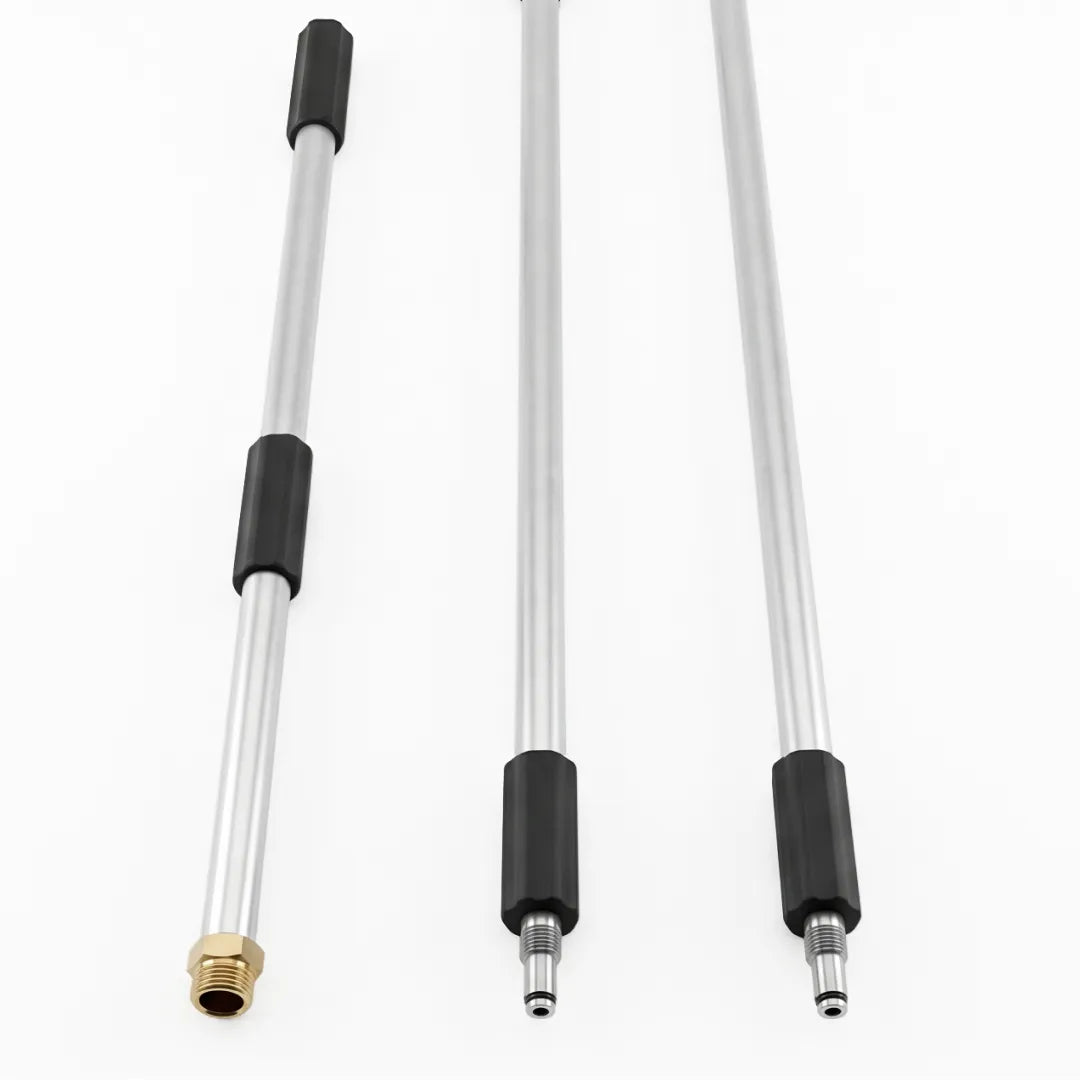 Pressure Washer 9 Foot Extension Wand - Gutters, Windows & Siding, close-up of three wand ends with a brass coupler and two threaded connectors
