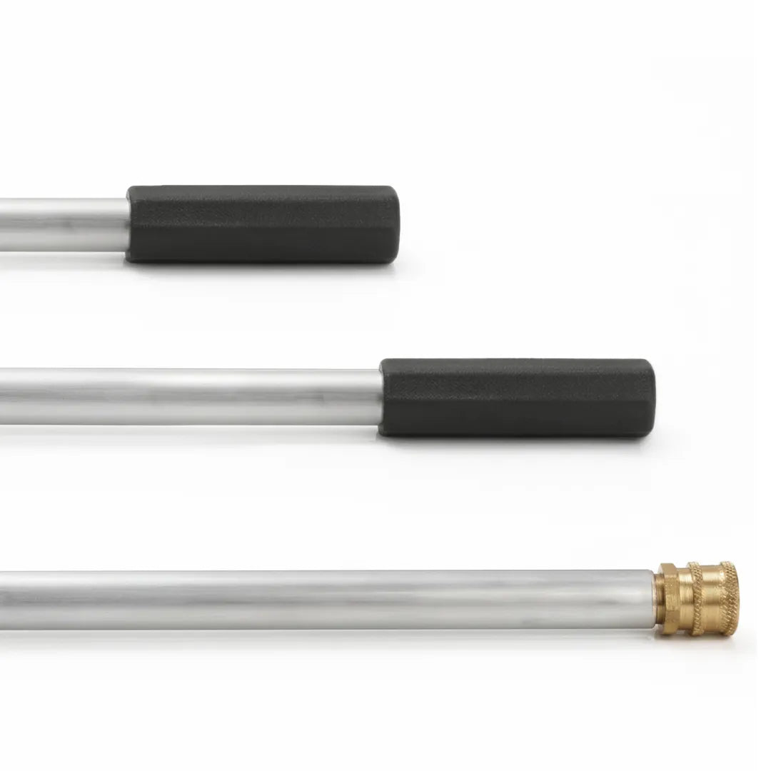 Pressure Washer 9 Foot Extension Wand - Gutters, Windows & Siding, close-up of black grips and a brass quick-connect fitting on the wand ends